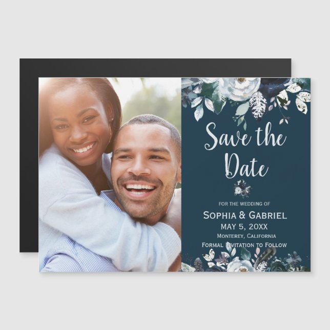 Navy Blue White Rose Floral Wedding Save the Date Magnetic Invitation (Front/Back)