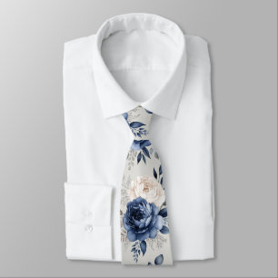 Navy Blue & White Rose Tie