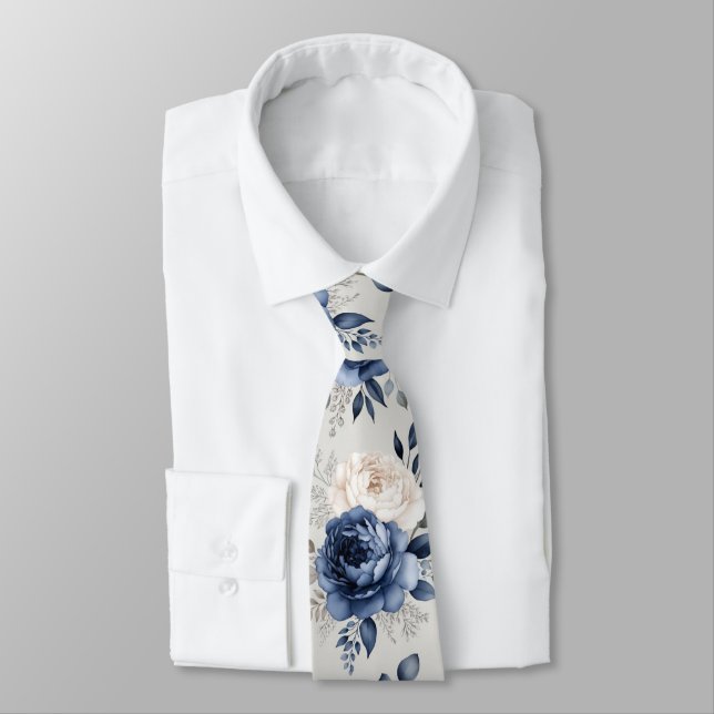 Navy Blue & White Rose Tie (Tied)