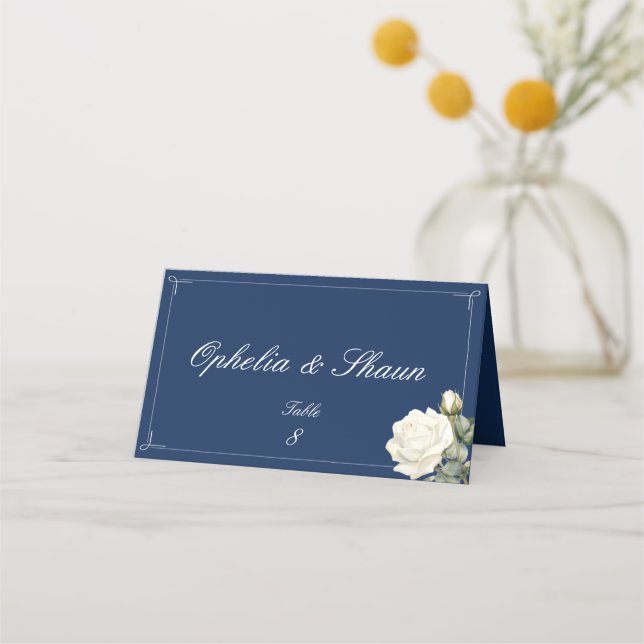 Navy Blue White Rose Wedding Folded Place Card (Front)