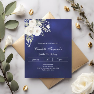 Navy blue white roses birthday invitation