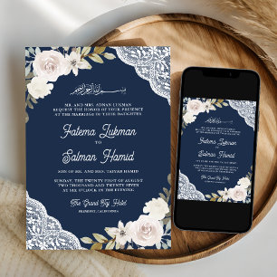 Navy Blue White Roses Lace Muslim Wedding Invitation