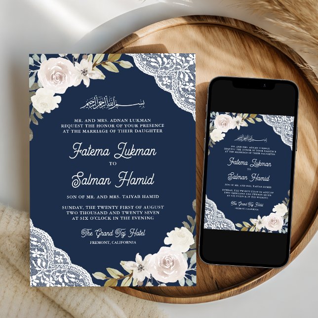 Navy Blue White Roses Lace Muslim Wedding Invitation (Creator Uploaded)