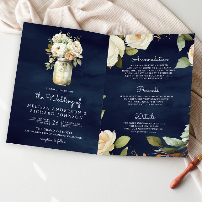 Navy Blue White Roses Mason Jar QR Code Wedding Invitation (Creator Uploaded)