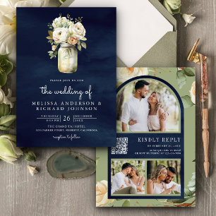 Navy Blue White Roses Mason Jar QR Code Wedding Invitation