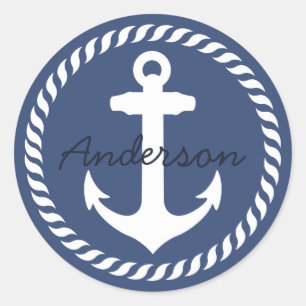 Navy Blue White Round Nautical Rope Anchor Classic Round Sticker