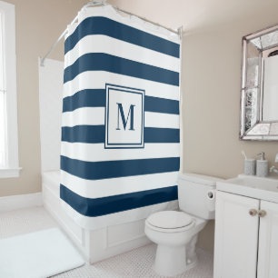 Navy Blue White Rugby Stripes Monogram Bathroom Shower Curtain