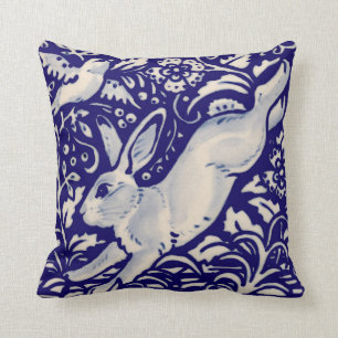 Navy Blue White Running Rabbit Hare Chinoiserie Cushion