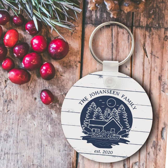 Navy Blue & White Rustic Wood Nautical Lake House Key Ring (Creator Uploaded)