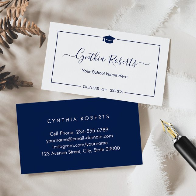 Navy Blue White Script Graduation Business Card (Creator Uploaded)