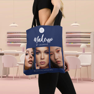 Navy Blue White Script Logo Photo Makeup Studio Tote Bag