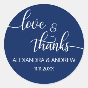 Navy Blue White Script Wedding Love & Thanks Classic Round Sticker