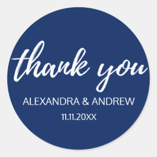 Navy Blue White Script Wedding THANK YOU Classic Round Sticker