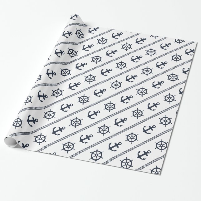 Navy Blue White Ship Wheel Anchor Nautical Wrapping Paper (Unrolled)