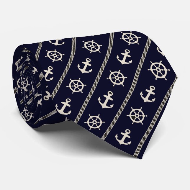 Navy Blue White Ship Wheel Nautical Anchor Sailor Tie (Rolled)