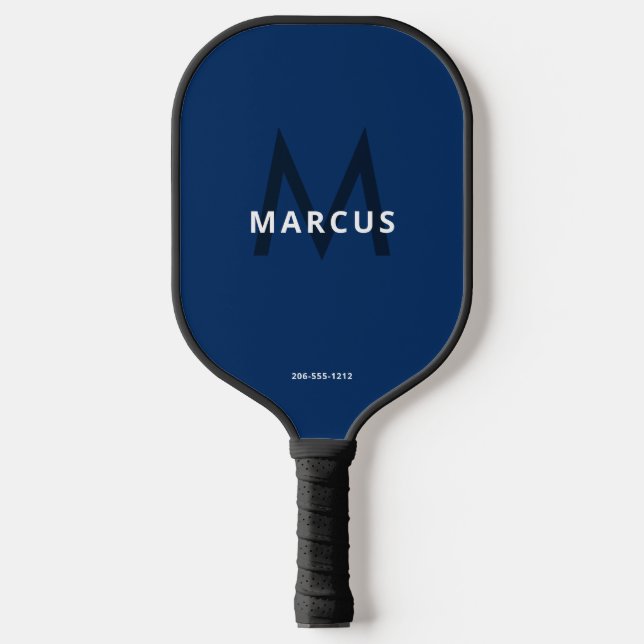 Navy Blue White Simple Modern Monogram Pickleball Paddle (Front)
