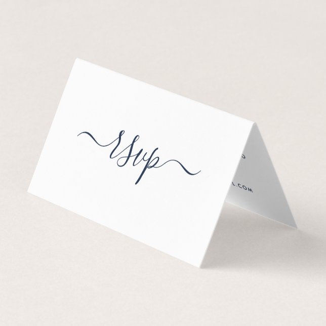 Navy Blue & White Simple Script Photo RSVP Card (Front)