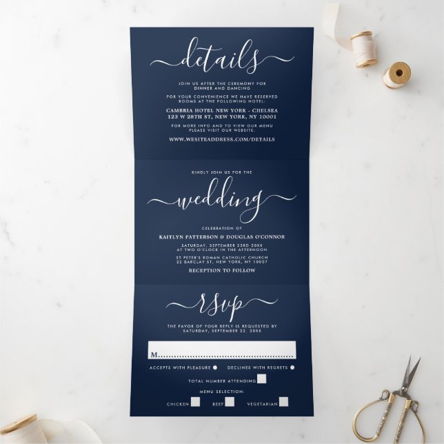 Navy Blue & White Simple Script Wedding Suite Tri-Fold Invitation (Inside)