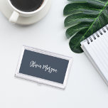 Navy Blue & White Sketched Cursive Script Business Card Holder<br><div class="desc">Elegant business card case features your name,  title,  or choice of personalisation in white hand scripted cursive lettering on a dusty navy blue background.</div>