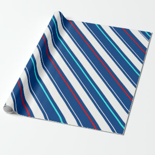 Navy Blue White Slanted Regimental Stripe Lines Wrapping Paper