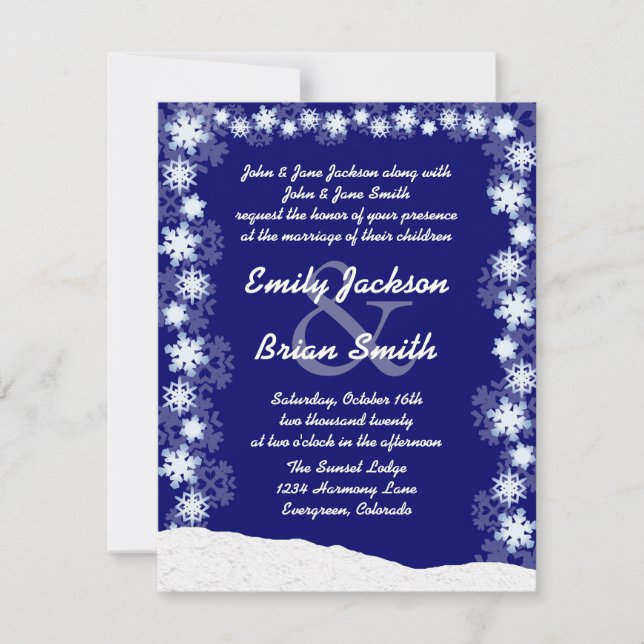 Navy blue white snowflake custom wedding invites (Front)