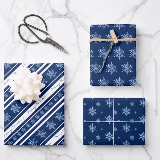 Navy Blue & White Snowflake Wrapping Paper Sheets (Front)