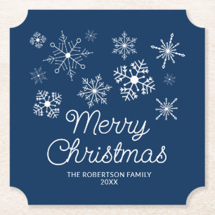 Navy Blue White Snowflakes Christmas Party Paper Coaster