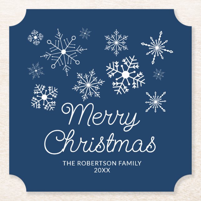 Navy Blue White Snowflakes Christmas Party Paper Coaster (Front)