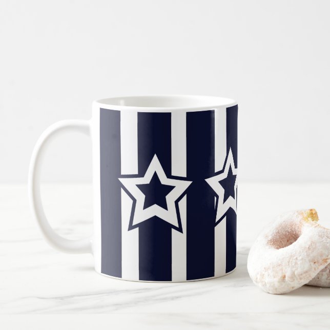Navy Blue White Star Stripes Coffee Mug (With Donut)