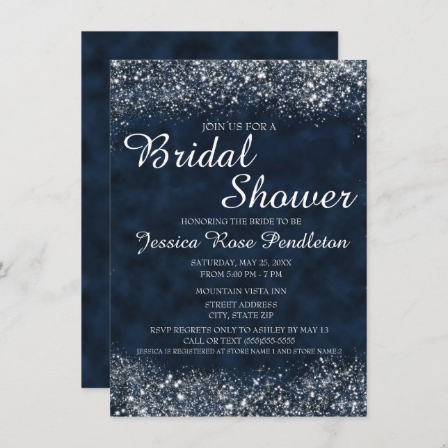 Navy Blue White Stardust Bridal Shower Invitation (Front/Back)