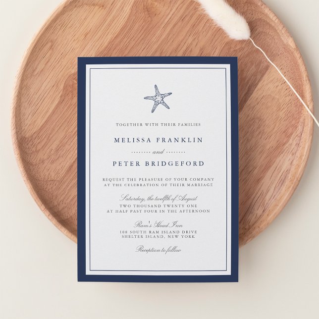Navy Blue & White Starfish Nautical Wedding Invitation (Creator Uploaded)