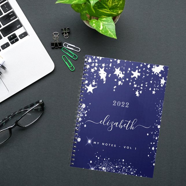 Navy blue white stars monogram script notebook (Creator Uploaded)
