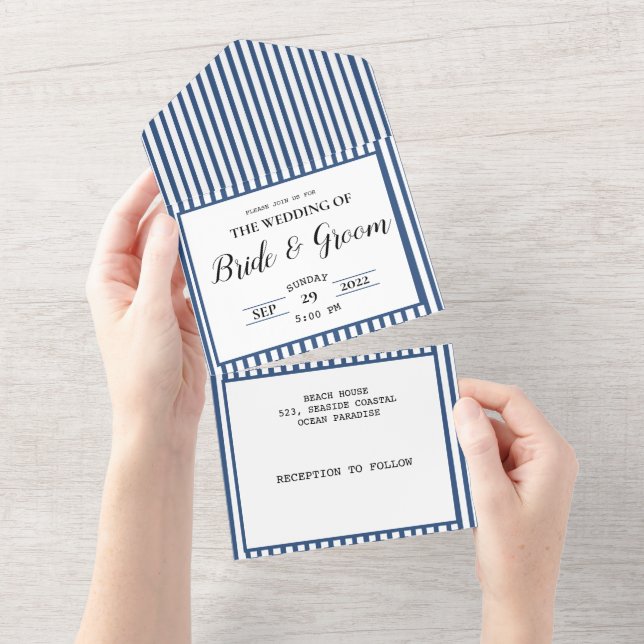 Navy Blue White Stripe Coastal Beach Wedding All In One Invitation (Tearaway)