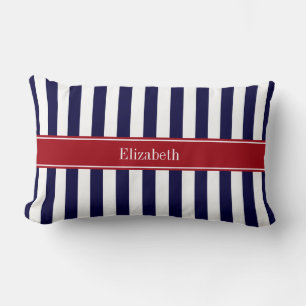 Navy Blue White Stripe Cranberry Name Monogram Lumbar Cushion