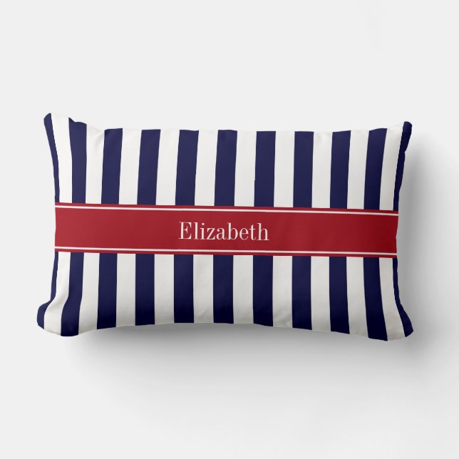 Navy Blue White Stripe Cranberry Name Monogram Lumbar Cushion (Front)