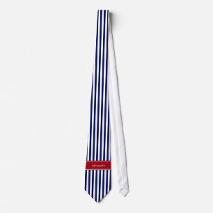 Navy Blue White Stripe Cranberry Name Monogram Tie