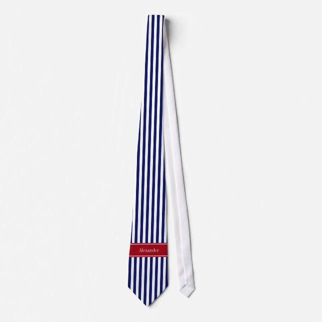 Navy Blue White Stripe Cranberry Name Monogram Tie (Front)