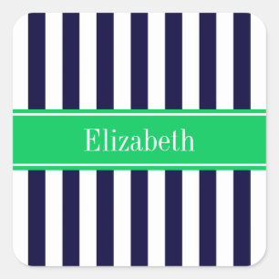 Navy Blue White Stripe Emerald Green Name Monogram Square Sticker