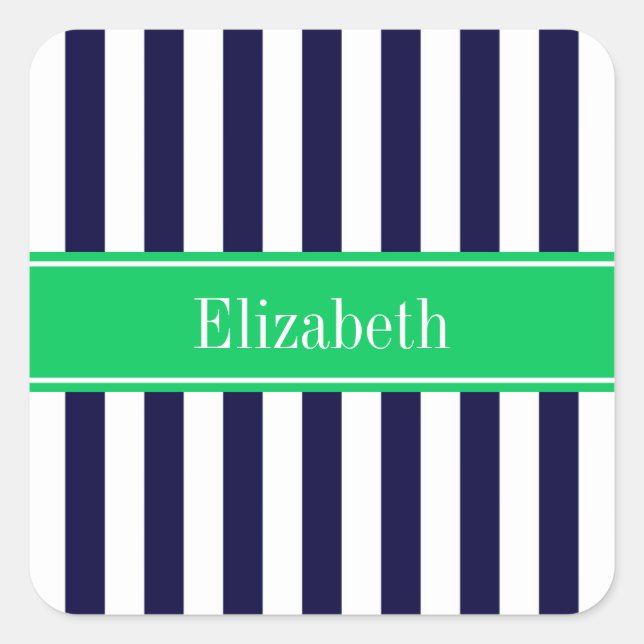 Navy Blue White Stripe Emerald Green Name Monogram Square Sticker (Front)