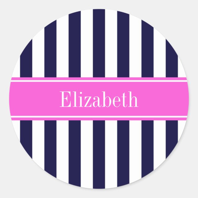 Navy Blue White Stripe Hot Pink Name Monogram Classic Round Sticker (Front)