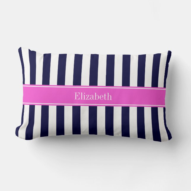 Navy Blue White Stripe Hot Pink Name Monogram Lumbar Cushion (Front)
