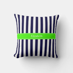 Navy Blue White Stripe Lime Name Monogram Cushion