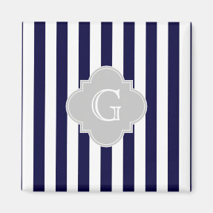 Navy Blue White Stripe Lt Grey Quatrefoil Monogram Magnet