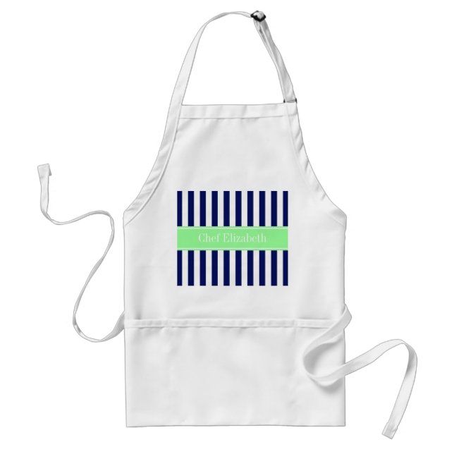 Navy Blue White Stripe Mint Green Name Monogram Standard Apron (Front)