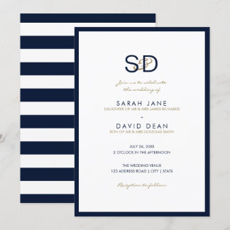 Navy Blue & White Stripe Monogram Wedding Invitation
