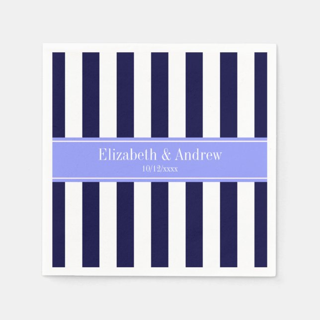 Navy Blue White Stripe Periwinkle Name Monogram Napkin (Front)