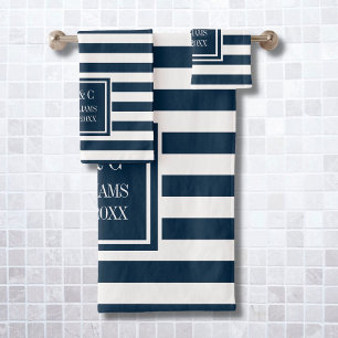Navy Blue White Stripe Personalised Monogram Bath Towel Set