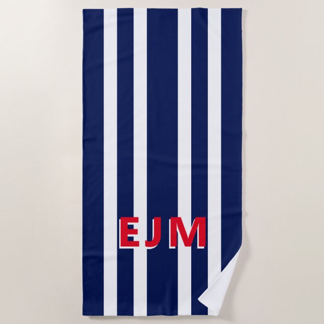 Navy Blue White Stripe Personalised Monogram Beach Towel (Front)