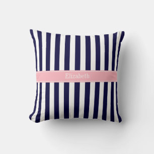 Navy Blue White Stripe Pink Name Monogram Cushion