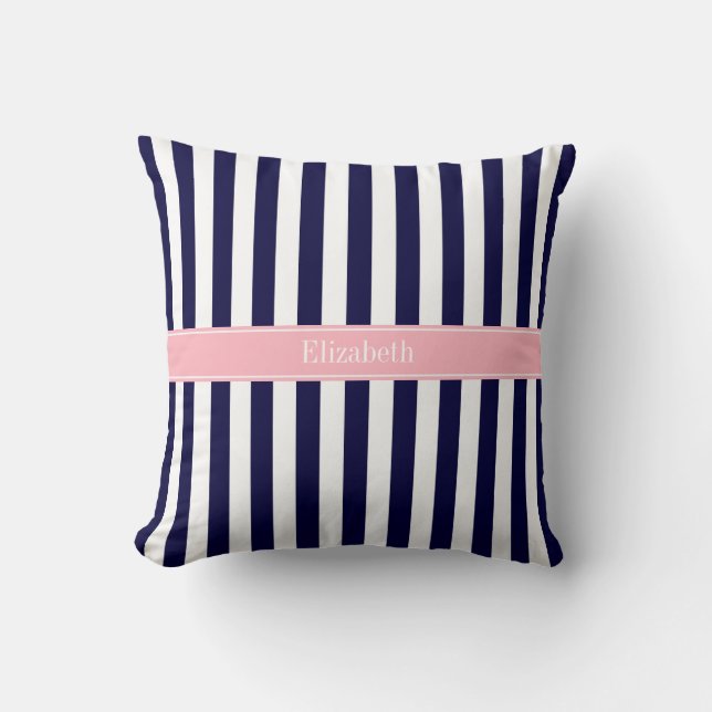 Navy Blue White Stripe Pink Name Monogram Cushion (Front)